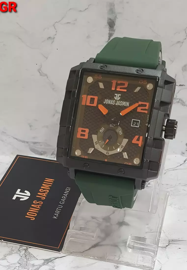 Jonas Jasmin - Jam Tangan Analog Pria - Black - Green Rubber Strap - JJ-5328M-F