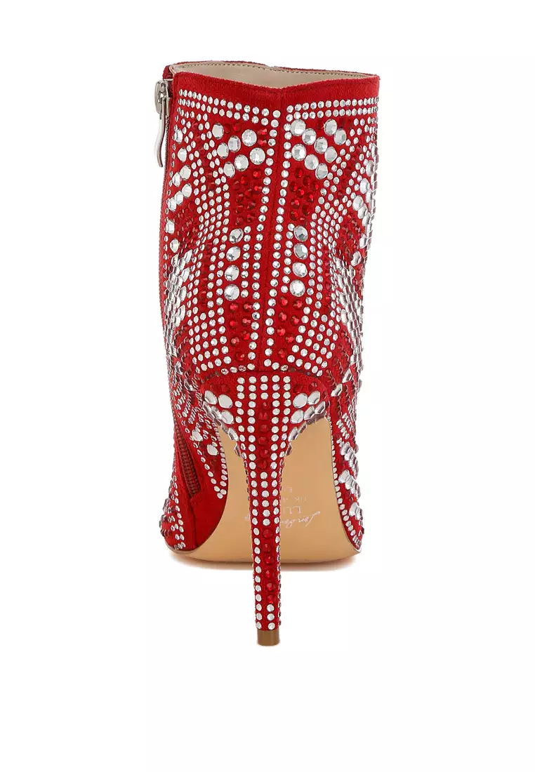 Rhinestones Studded Stiletto Heel Boots in Red
