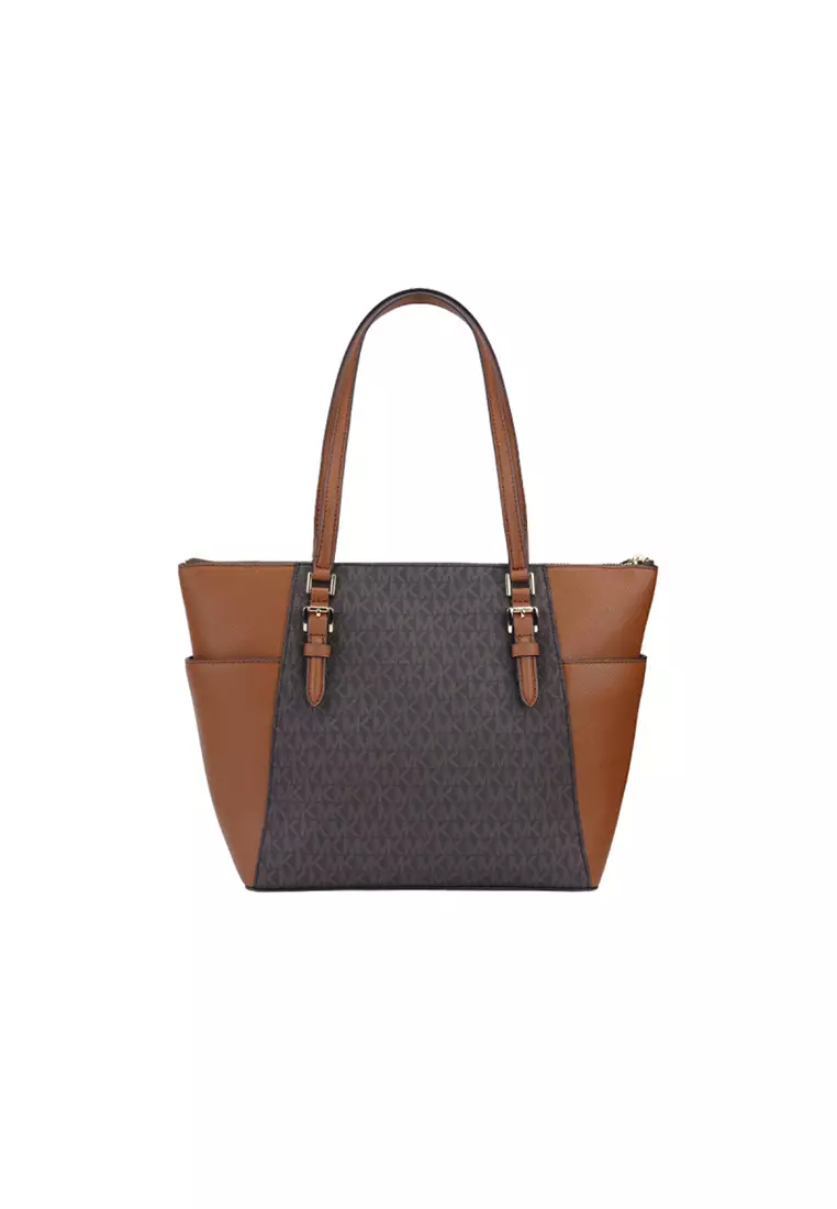 Charlotte Large Logo and Leather Top-Zip Tote Bag In Brown 35T0GCFT3B