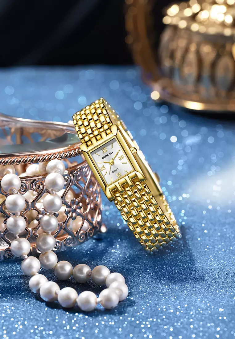 Jam Tangan Wanita Elegan Quartz Desain Kotak Klasik Strap Rantai Emas Mewah Anti Air  Stylish untuk Harian dan Pesta white