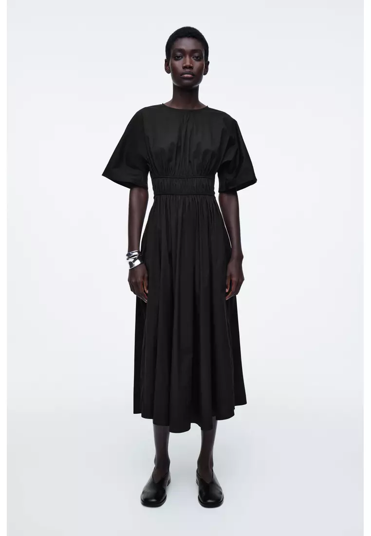 GATHERED OPEN-BACK MIDI DRESS