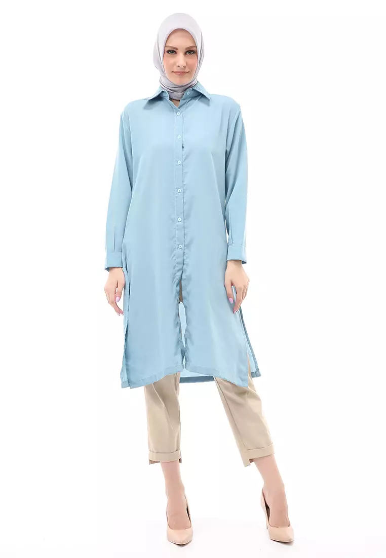 Septiyani Tunik Atasan Wanita Motif Polos Long Sleeve Regular Fit - Denim
