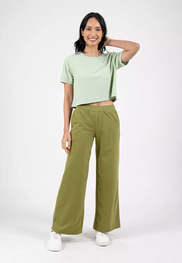 Forest Ladies Cotton Terry Wide Leg Pants Women Casual Long Pants - 810544-48Olive