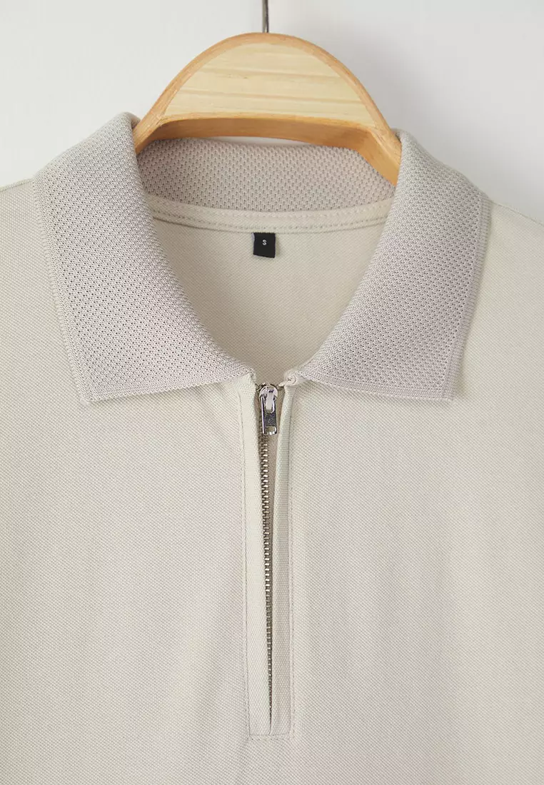 Stone Regular/Normal Cut Zippered 100% Cotton Polo Neck T-Shirt