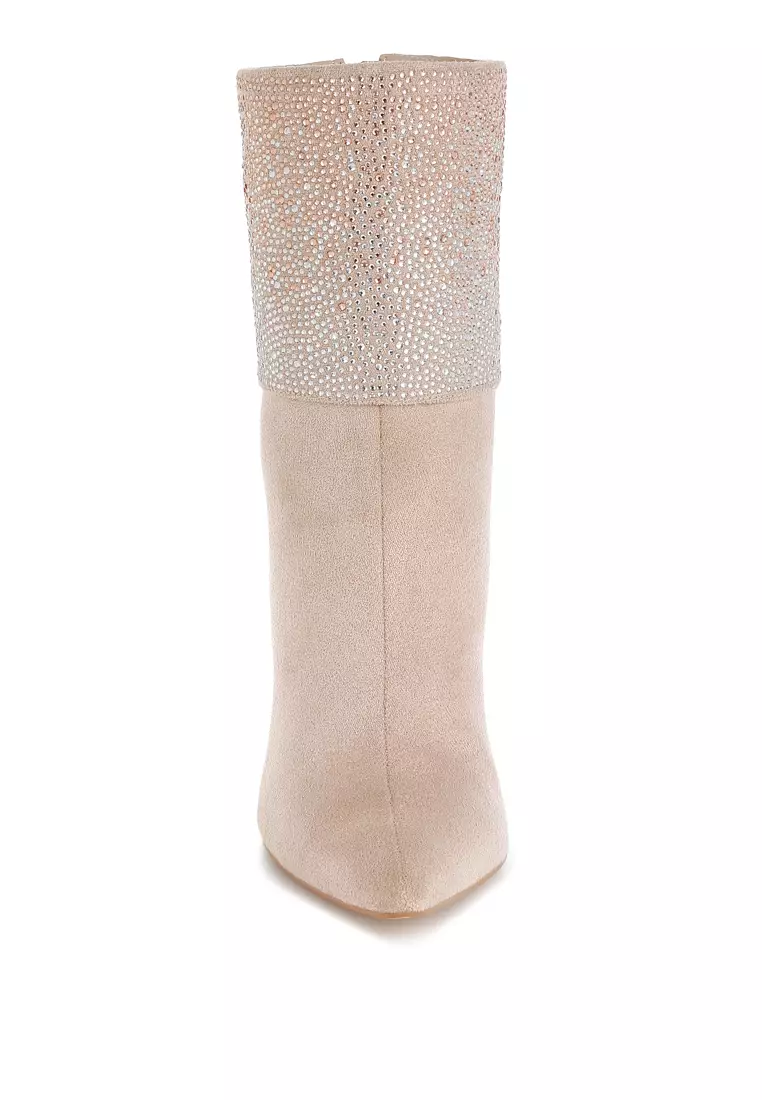 Rhinestones Embellished Foldover Boots in Beige