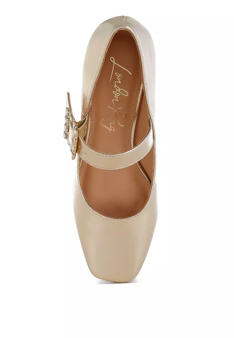 Diamante Brooch Metallic Mary Jane Pumps In Gold