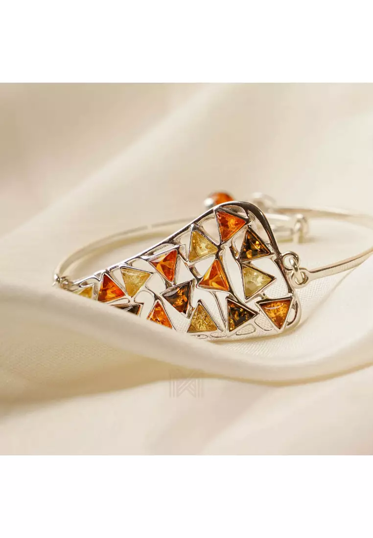 Multifaceted Baltic Amber Mulitple Studded Triangular Silver Bracelet with 925 Sterling Silver