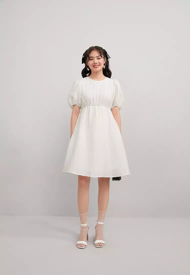 Puff Sleeve Floral Embossed Mini Dress