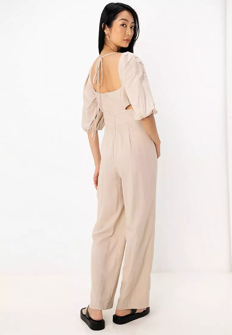 Ruched Waist Puff Sleeve Linen Jumpsuit