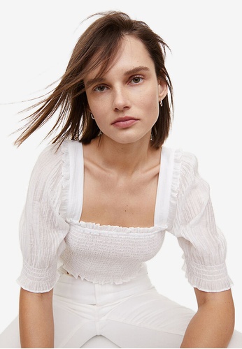 H&M white Smocked Cropped Top A60F8AA9B84F0BGS_1