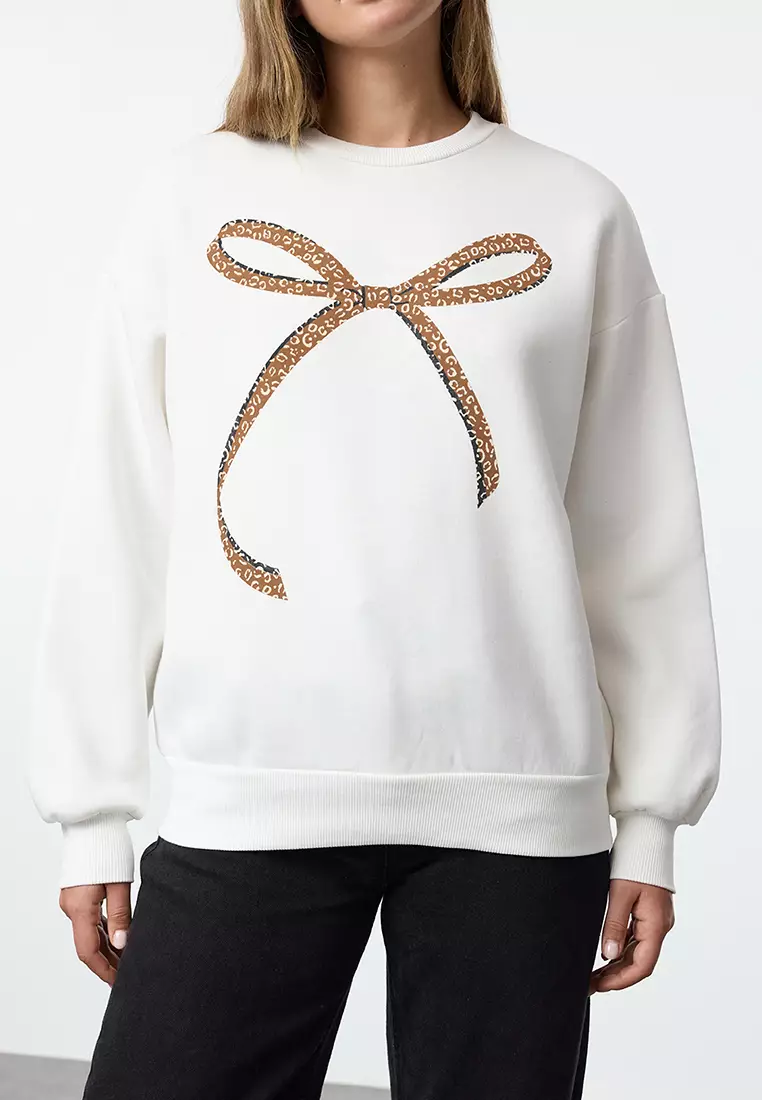 Ecru Oversize Fleece Knitted Sweatshirt Crew Neck