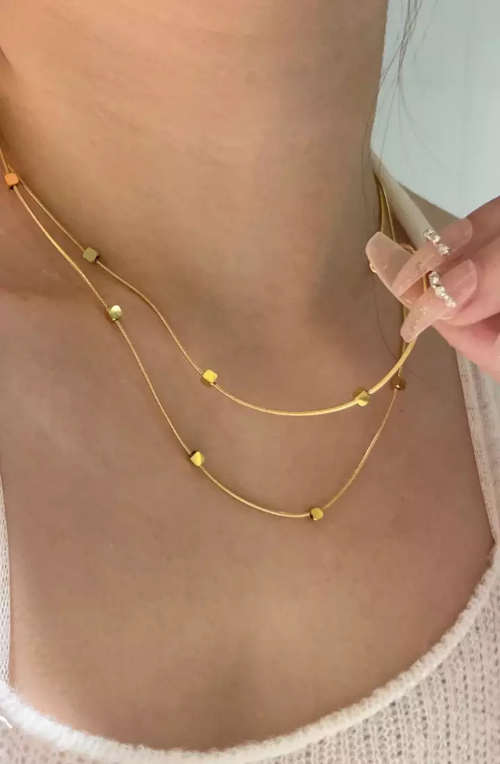 Serena Cube Pendant Multi-Layer Chain Necklace in Gold