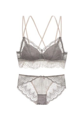 ZITIQUE grey Women's Double Thin Straps Cross-back Lace Lingerie Set (Bra and Underwear) - Grey 739A5US6E90F59GS_1