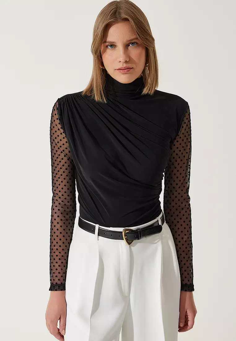 Jual Happiness Istanbul Polka Dot Lace Sleeves Blouse Original