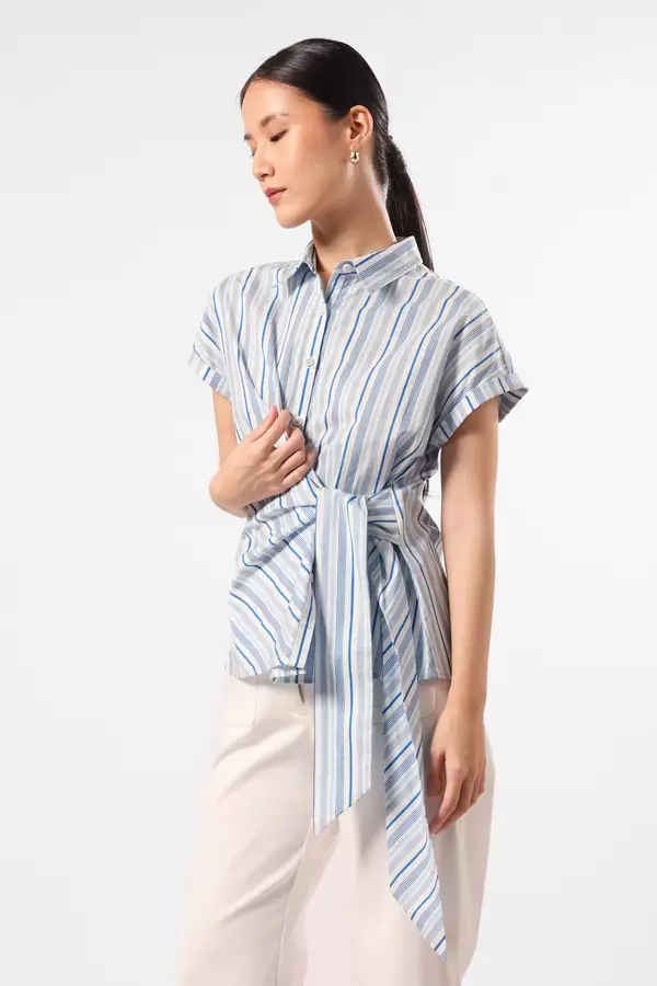 Minimal x Devina Putri - Kelye - Blus Pita Motif garis - Blue Colour Blue