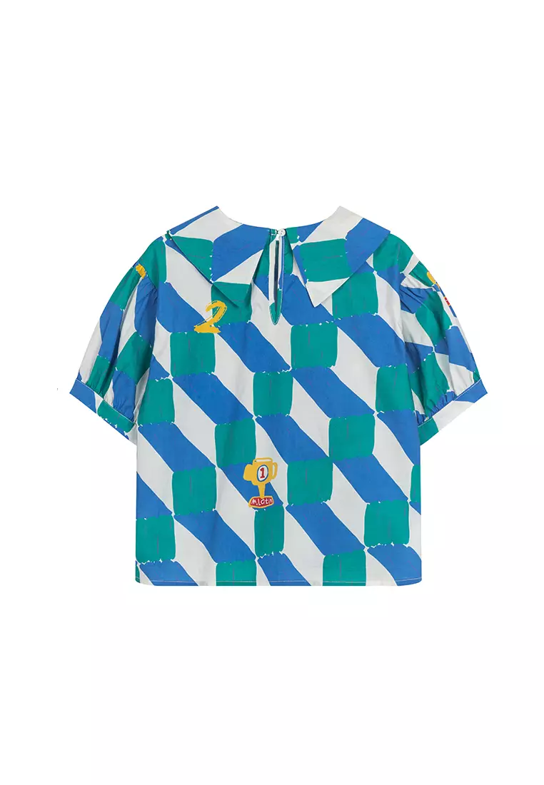 女大小童短袖衬衫复古印花大方领上衣