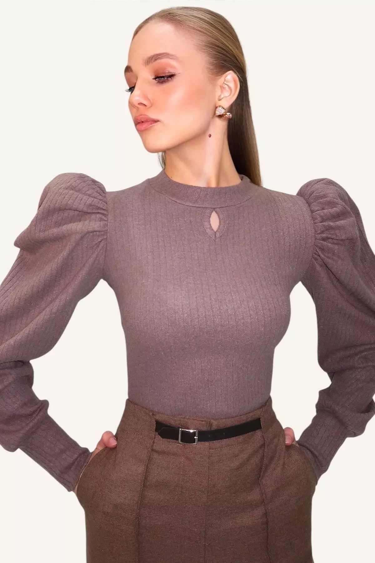 Women's Mink Crew Neck Drop Neck Princess Sleeve Knitwear Blouse