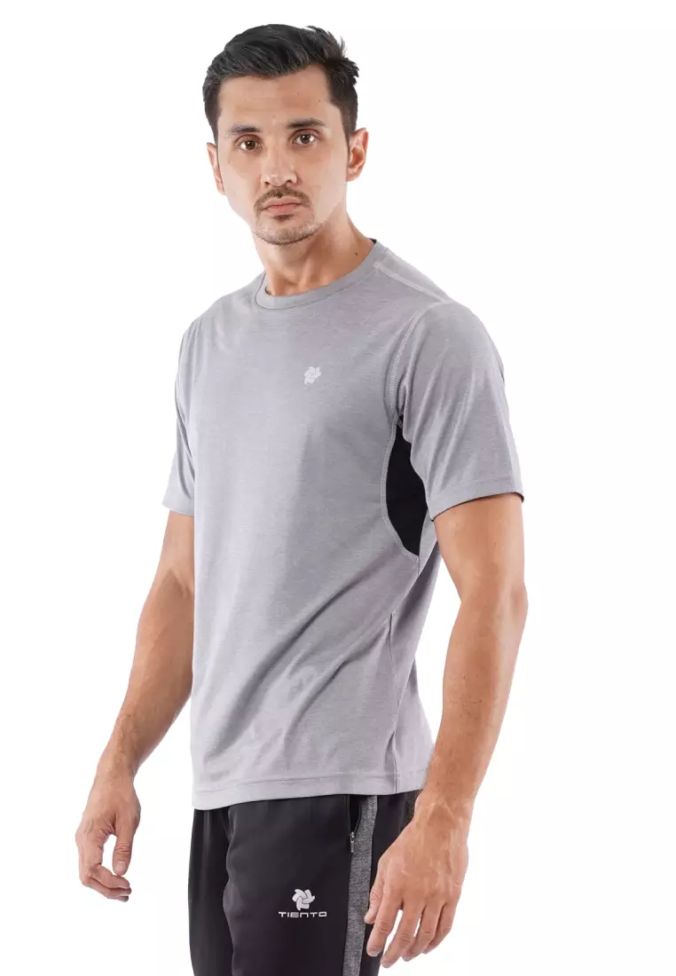 Tiento Kaos Olahraga Lari Lengan Pendek Baju Running Gym Fitness Sport Dry Fit Grey Heater Extra Lite Pria