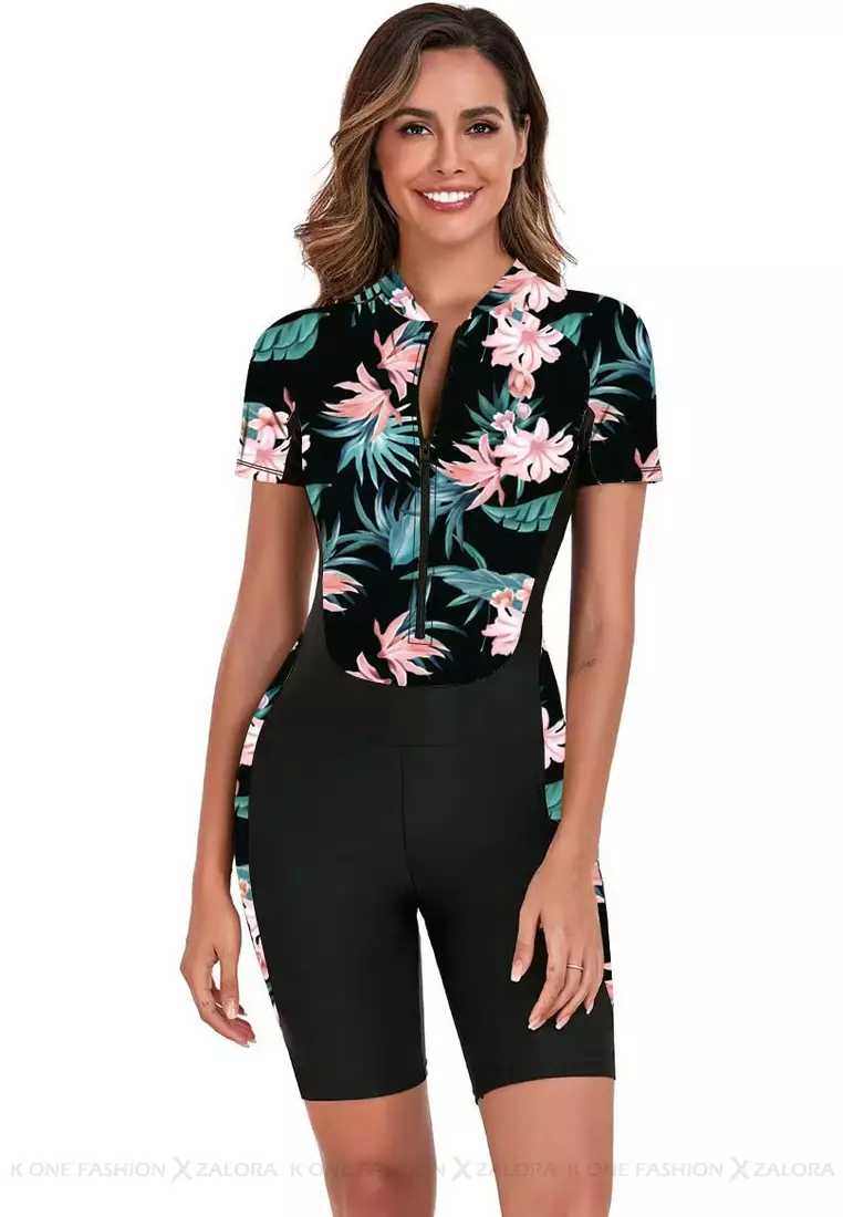 Surf Print Short Sleeve One Piece Swimsuit