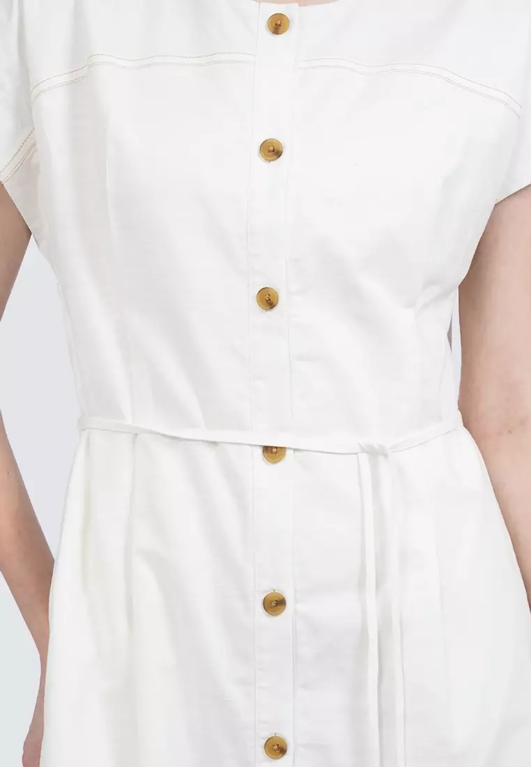 Round Neck Short Sleeve Midi Dress OFF WHITE