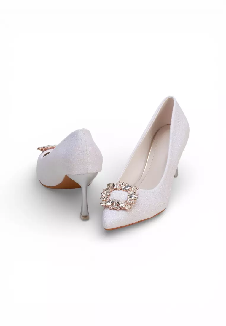 Luxe Crystal Buckle Pointed Toe  Heels 115 in White