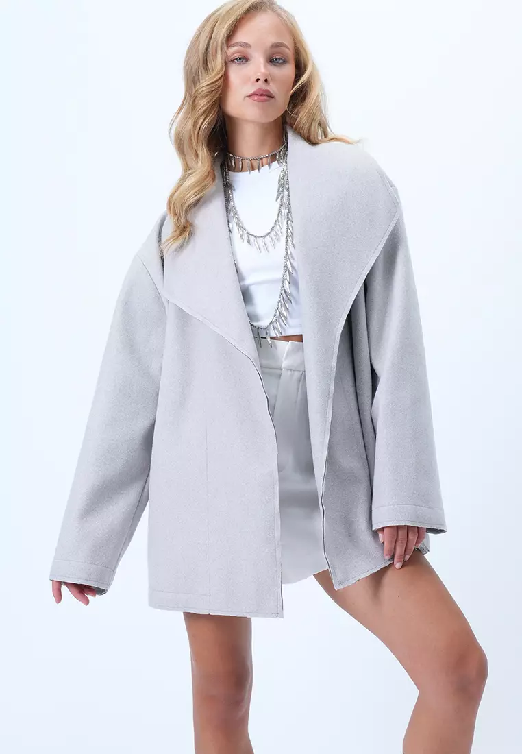 Women's Gray Jacket Collar Stitch Detailed Cashmere Coat Alc-X14422
