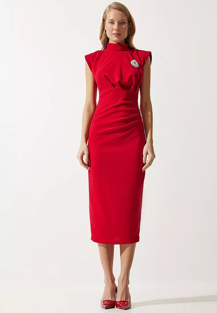 Elegant Brooch Gathered Wrap Knitted Dress