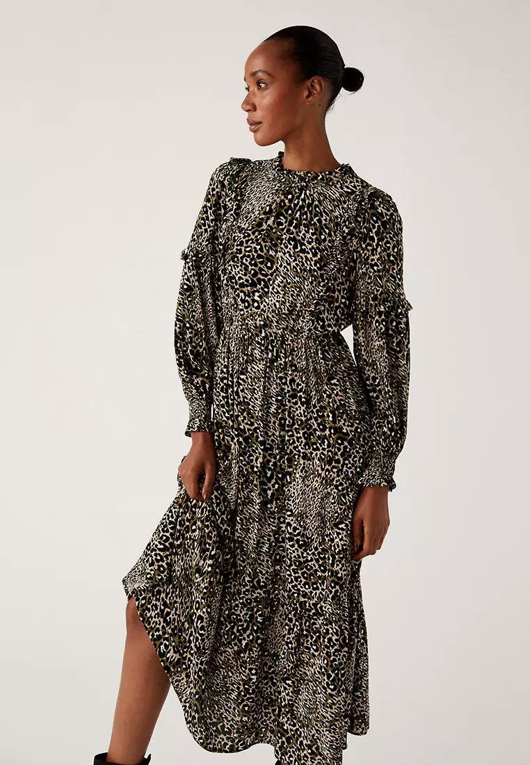 Animal Print Round Neck Midi Waisted Dress
