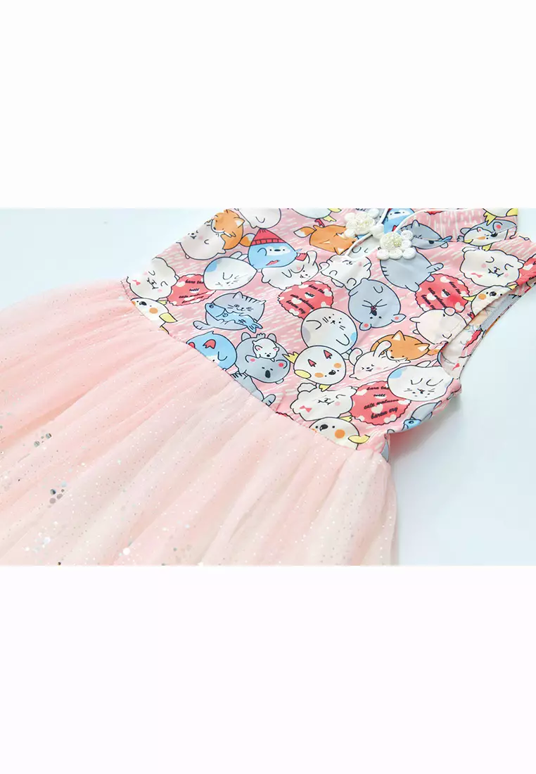 Purrfect Family Paws Baby Kids Girl Sleeveless Pink Cats Voile Cheongsam Dress Family Wear 0814