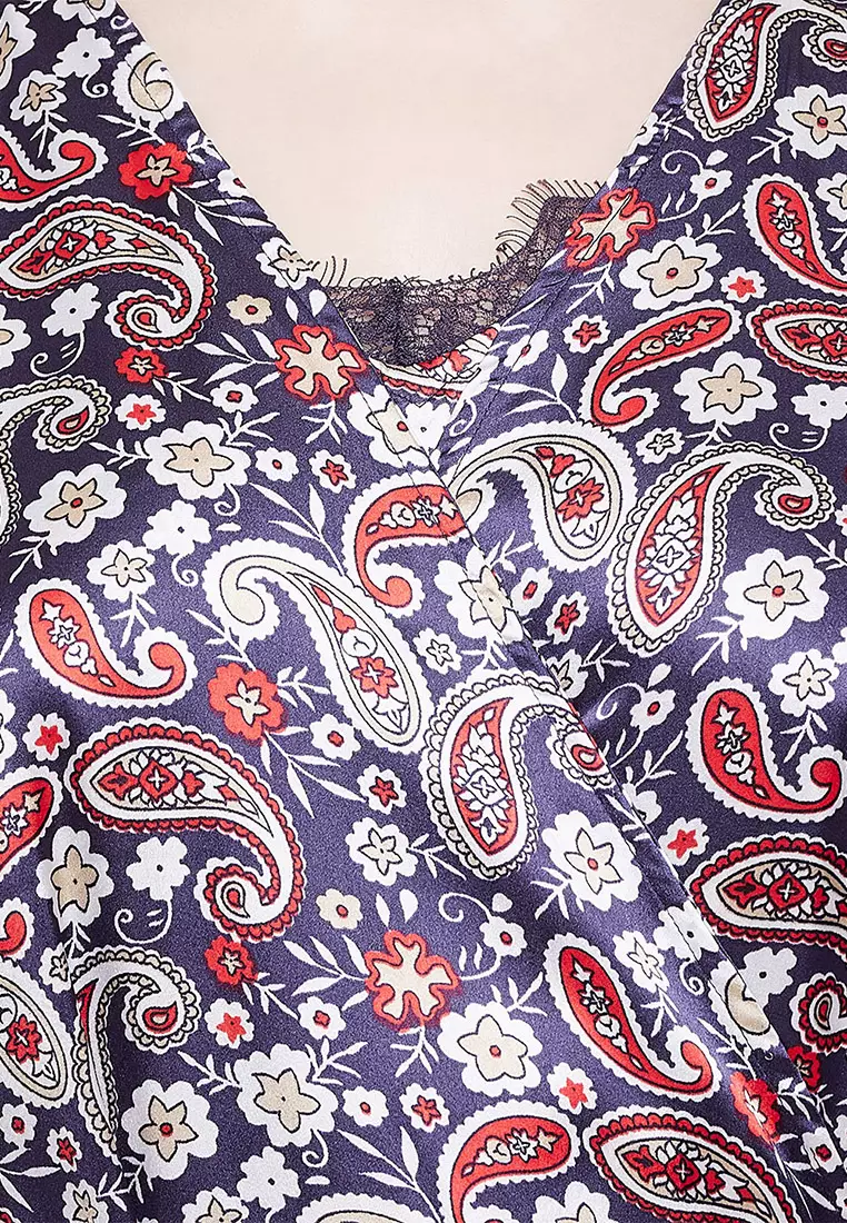 Clovia Paisley Print Short Night Dress & Robe Set in Navy - Satin