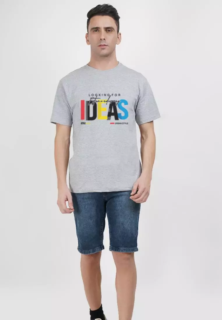 Ideas 图案灰色棉质短袖圆领常规版型 T 恤