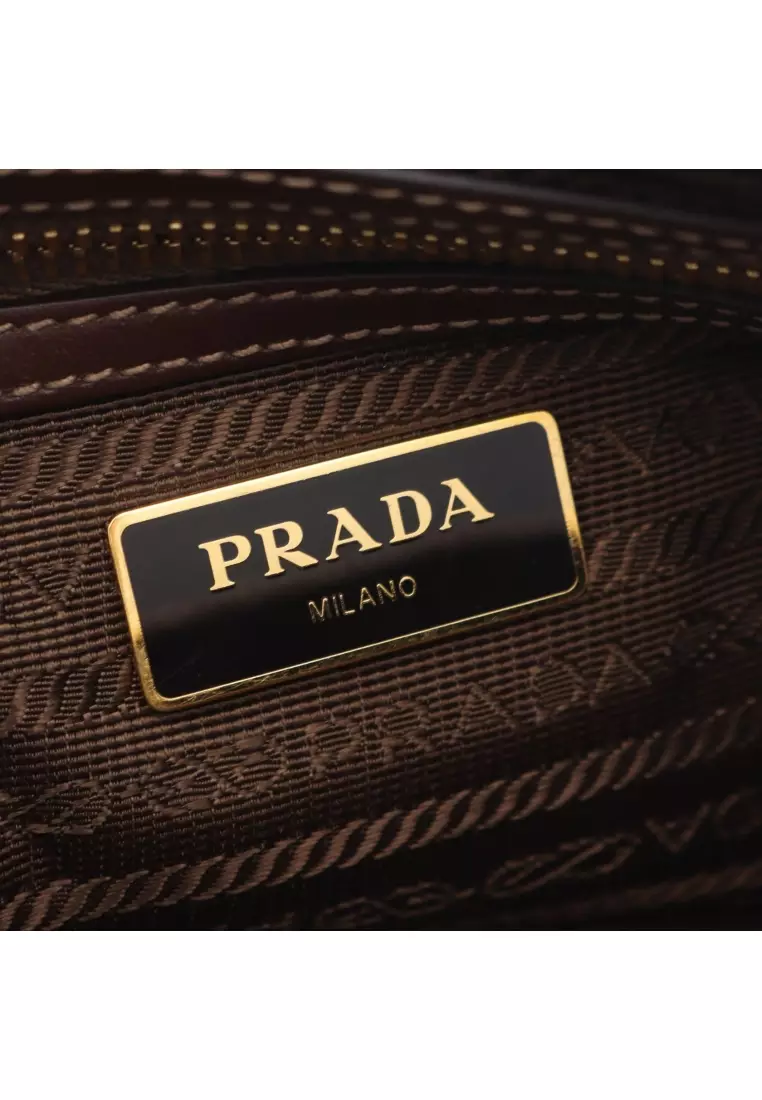 Pre-Loved Prada LOGO JACQUARD logo jacquard Shoulder bag canvas leather beige Dark brown