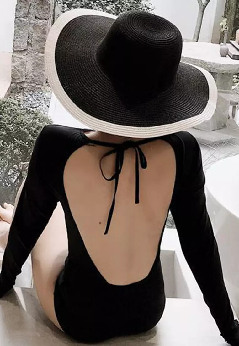 Conservative Long-Sleeved Belly-Covering Triangle One-Piece Swimsuit A22031729BK