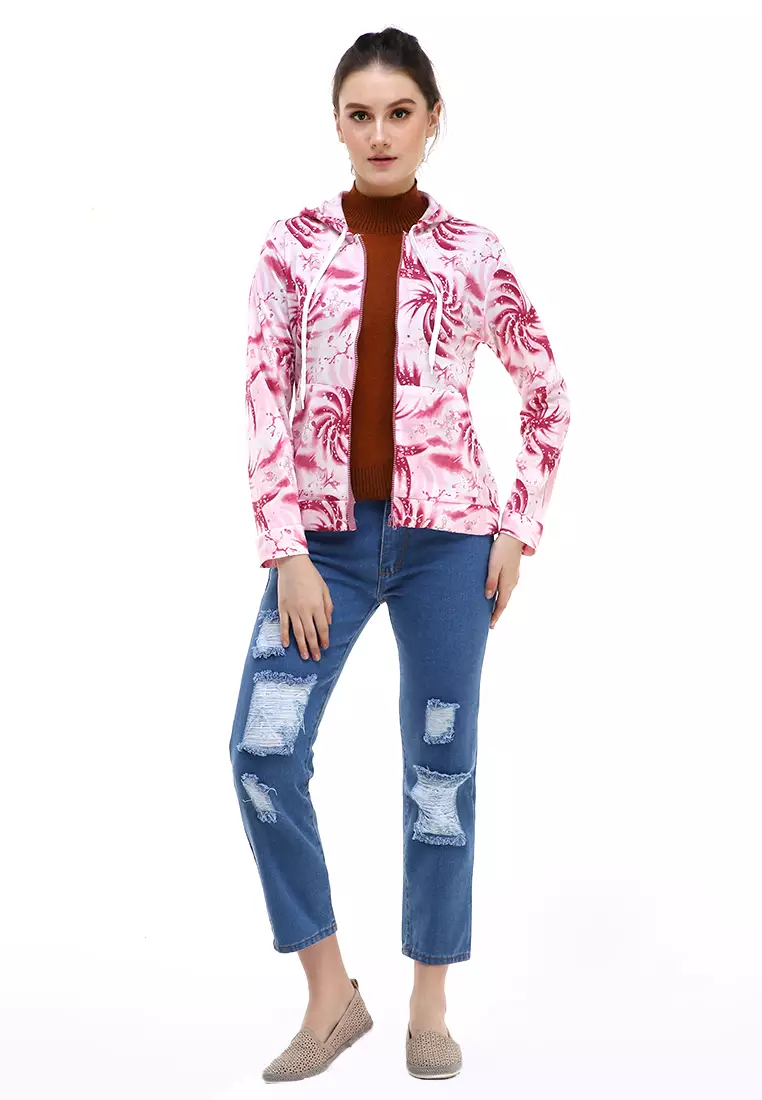 Aciel Jaket Hoodie Tie Dye Lengan Panjang Outerwear Wanita - Maroon