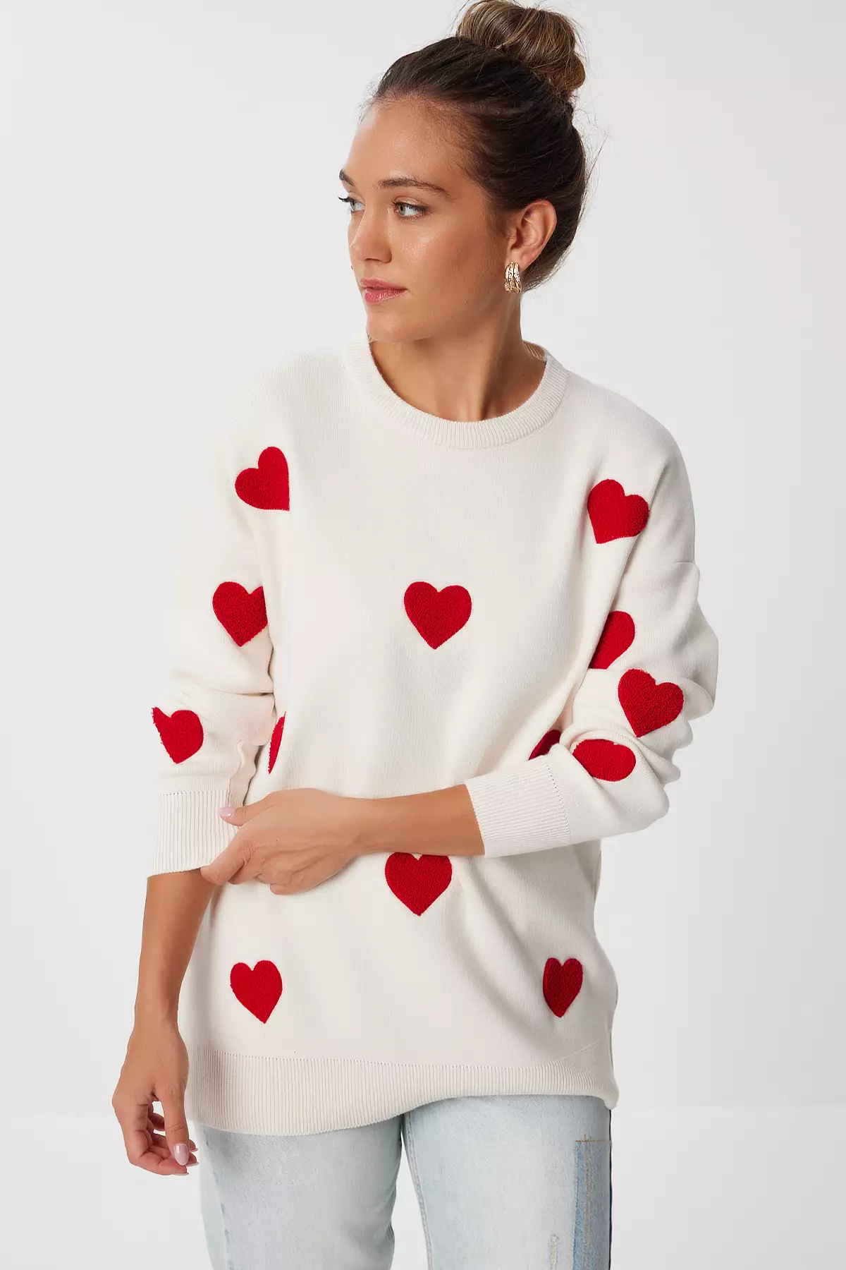 Women'S Burgundy Heart Textured Oversize Knitwear Sweater Nx00005
