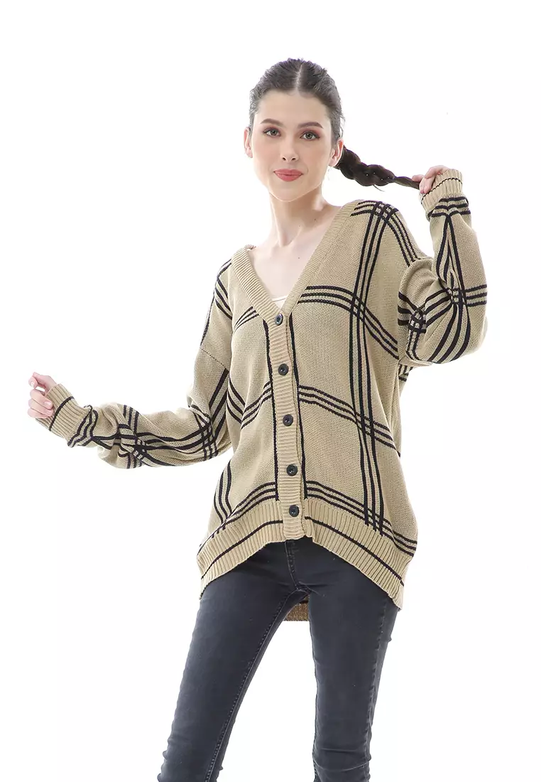 Eshika Cardigan Rajut Oversize Motif Kancing Tebal High Quality - Khaki