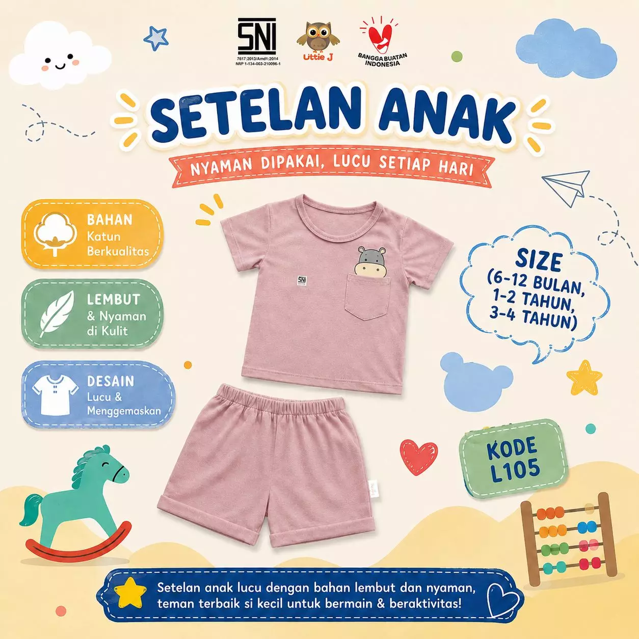 Little J - (L105 SIZE) Oneset Anak Unisex Perempuan Laki - Laki Motif Tikus Saku Salur Bahan Lembut Adem Nyaman