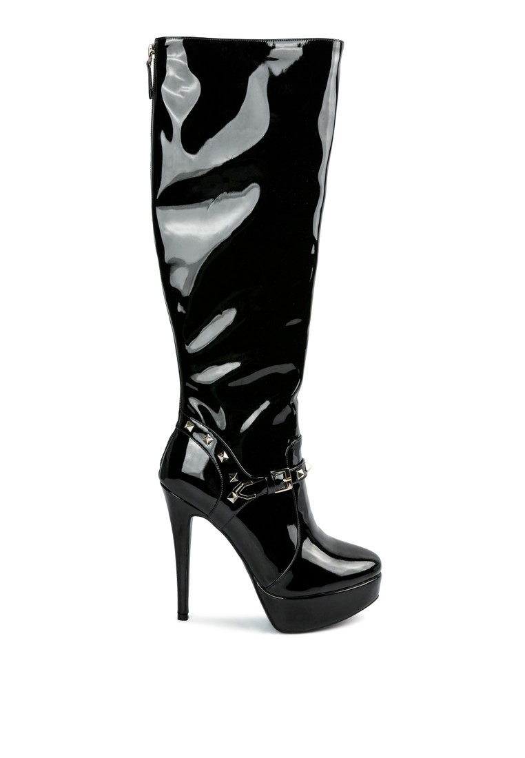 Black Patent Stiletto Heeled Mid Calf Boots