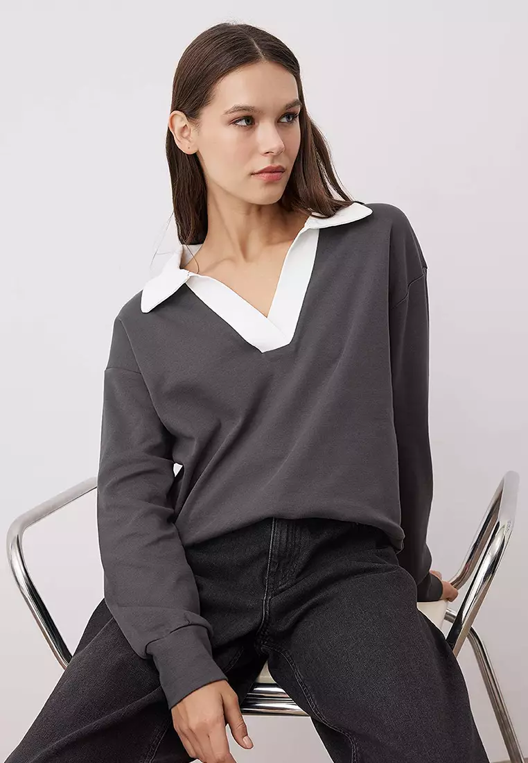 Anthracite Color Block Polo Neck Relaxed/Comfortable Pattern Knitted Sweatshirt