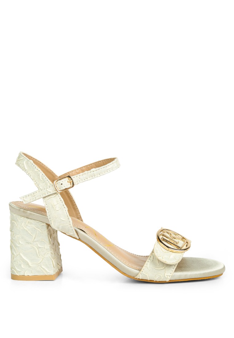 Off White Block Heel Pin Buckle Sandals