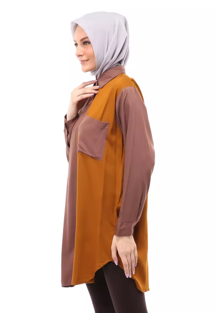 Azika Tunik Muslimah Atasan Wanita Dual Tone Color Relaxed Fit - Brown 003