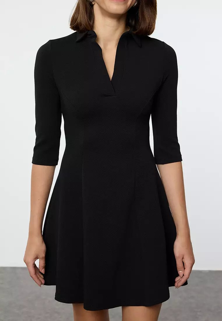 Black Polo Neck Skater/Waist Open Mini Knit Dress