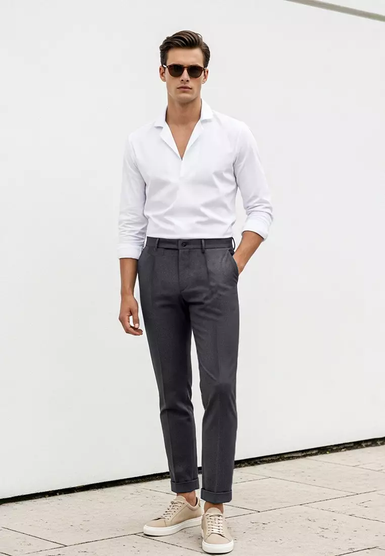 Anthracite Italian Cut Pleated Classic Double Leg Fabric Trousers Tmnss24Pl00022