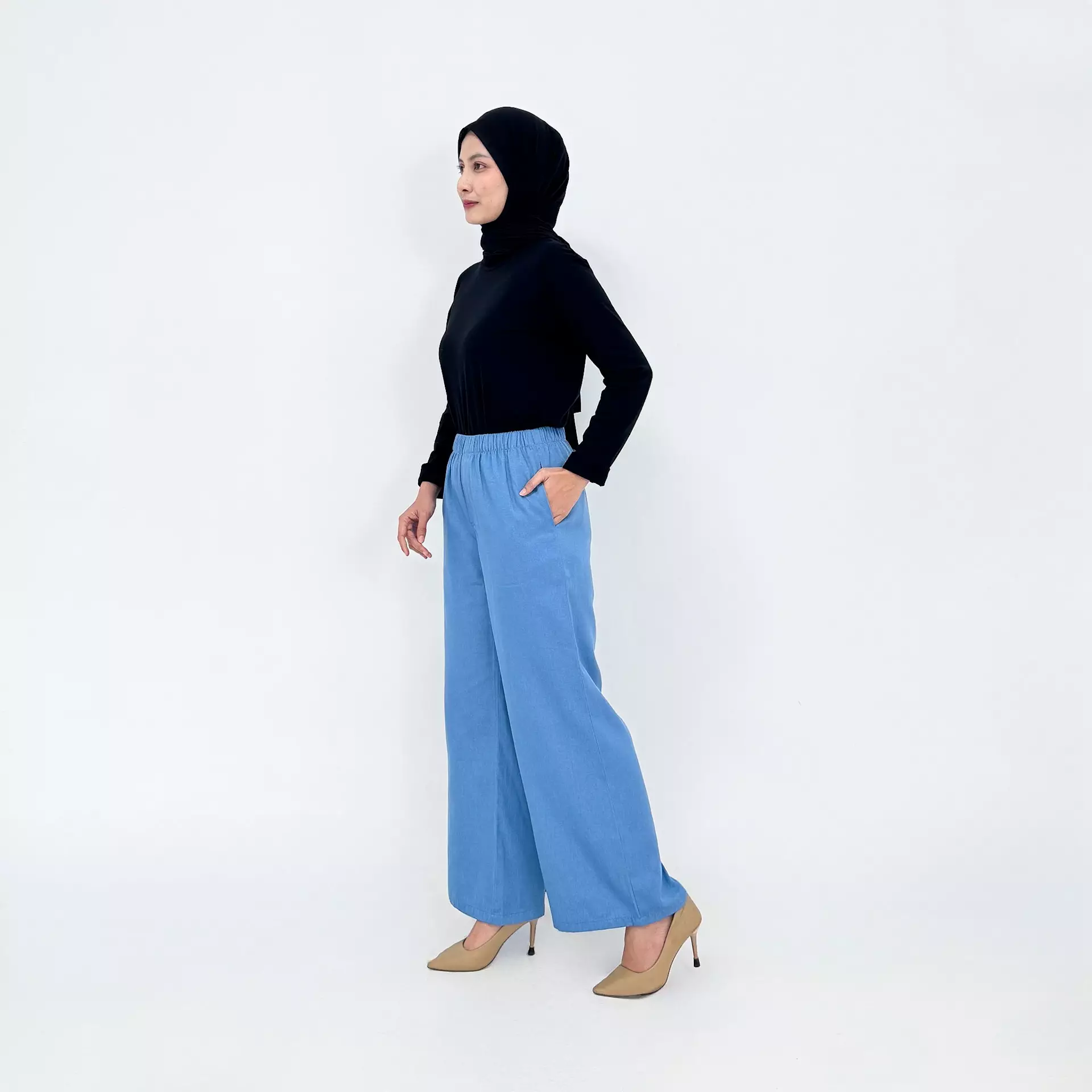 Wide Denim Cotton Neva - Celana Panjang Basic Wanita BIRU