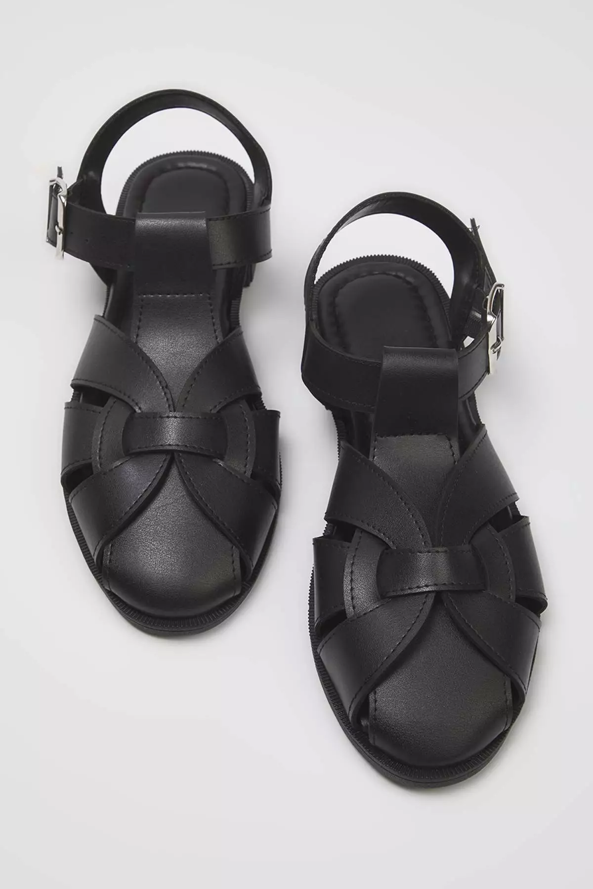 Black Flat Sole Round Toe Women's Closed Front Cage Sandals Takss25Sd00060