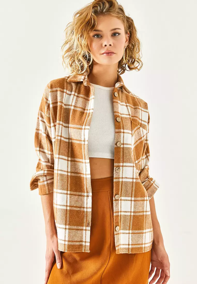 Beige One Pocket Thick Plaid Lumberjack Shirt