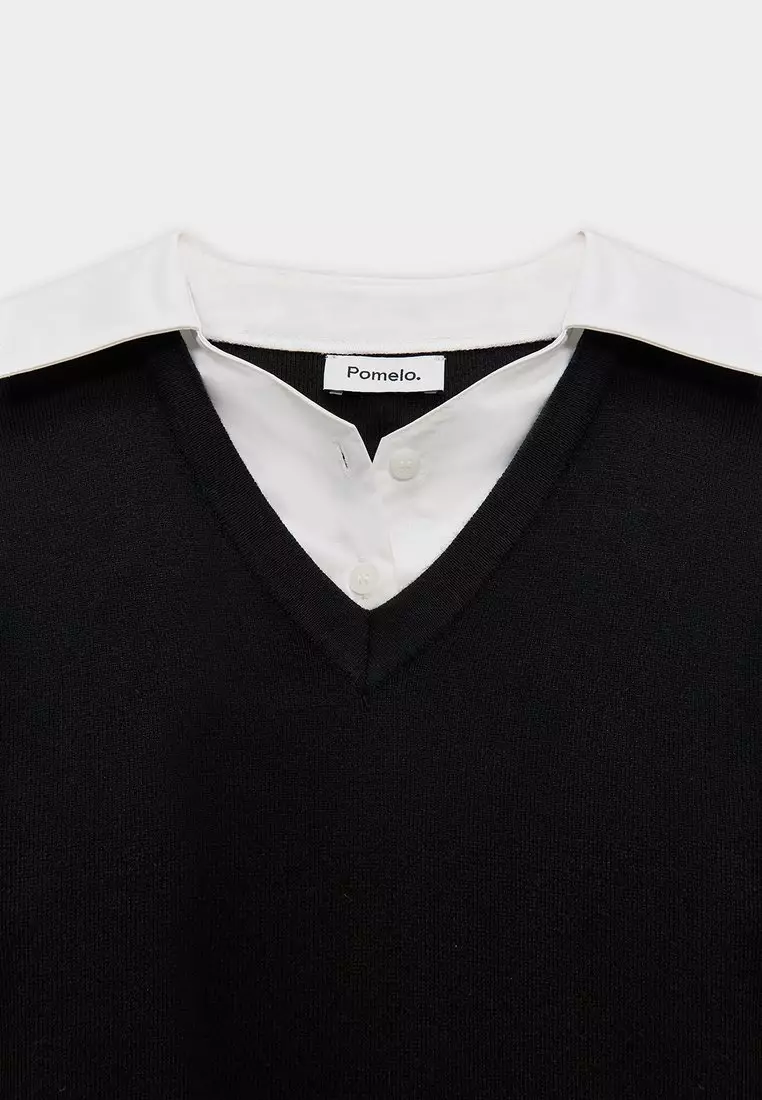 Layered Collared Shirt Pleated Hem Mini Dress - Black