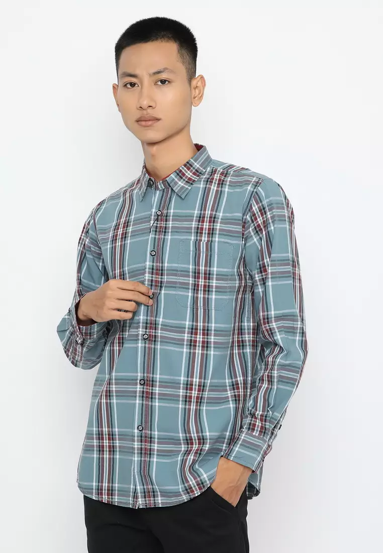 POLICE Kemeja Kotak Cotton Abu Regular Fit Lengan Panjang Pria