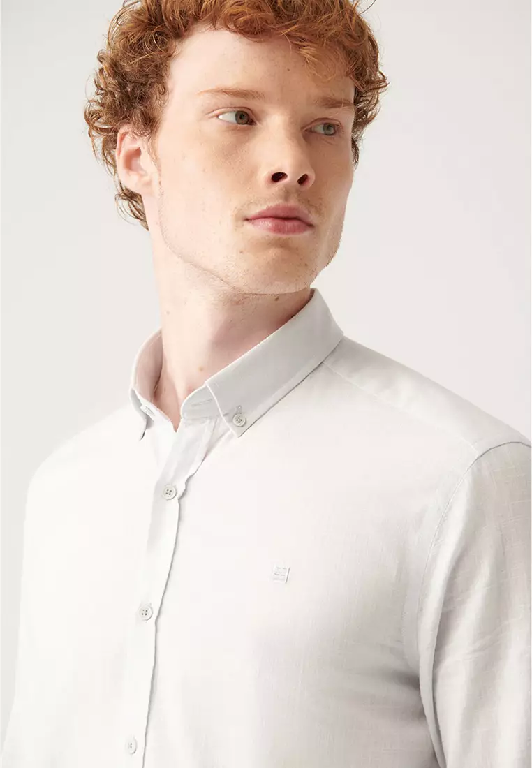 Men's Grey Button-Down Collar 100% Cotton Linen Textured Shirt E002141