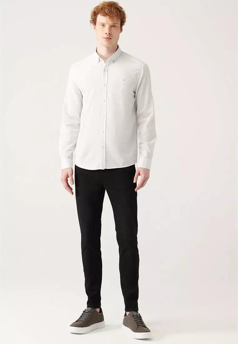 Men's Grey Button-Down Collar 100% Cotton Linen Textured Shirt E002141